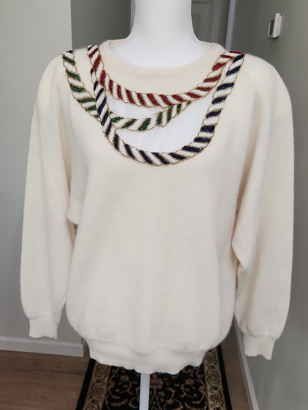 Vintage Spree International Cream Beaded Lambswool Angora Embellished Sweater M